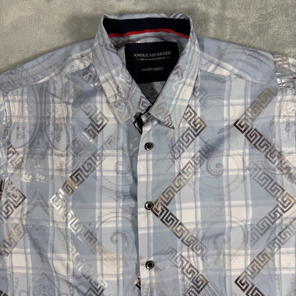 American Breed Smart Shirt Mens Medium Light Blue Plaid Button Up Short Sleeve